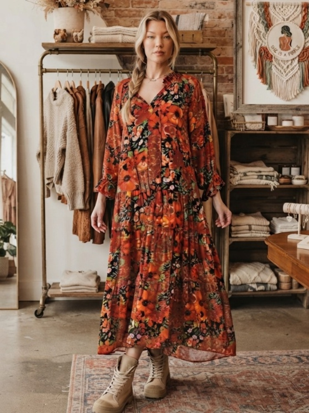 219 1-G EASEL PRINTED RAYON GAUZE RUFFLE BOTTOM
MAXI DRESS